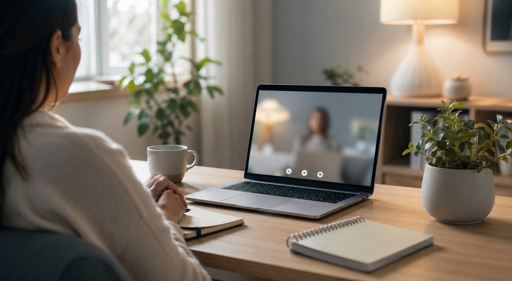 Laptop preparada para una sesión de terapia online en un ambiente cálido
